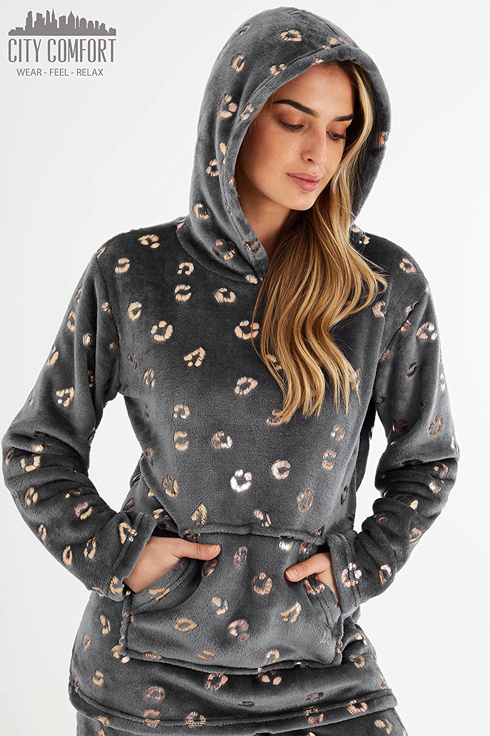 CityComfort Womens Pyjamas, Warm Fleece Hooded Pyjamas for Women Sets