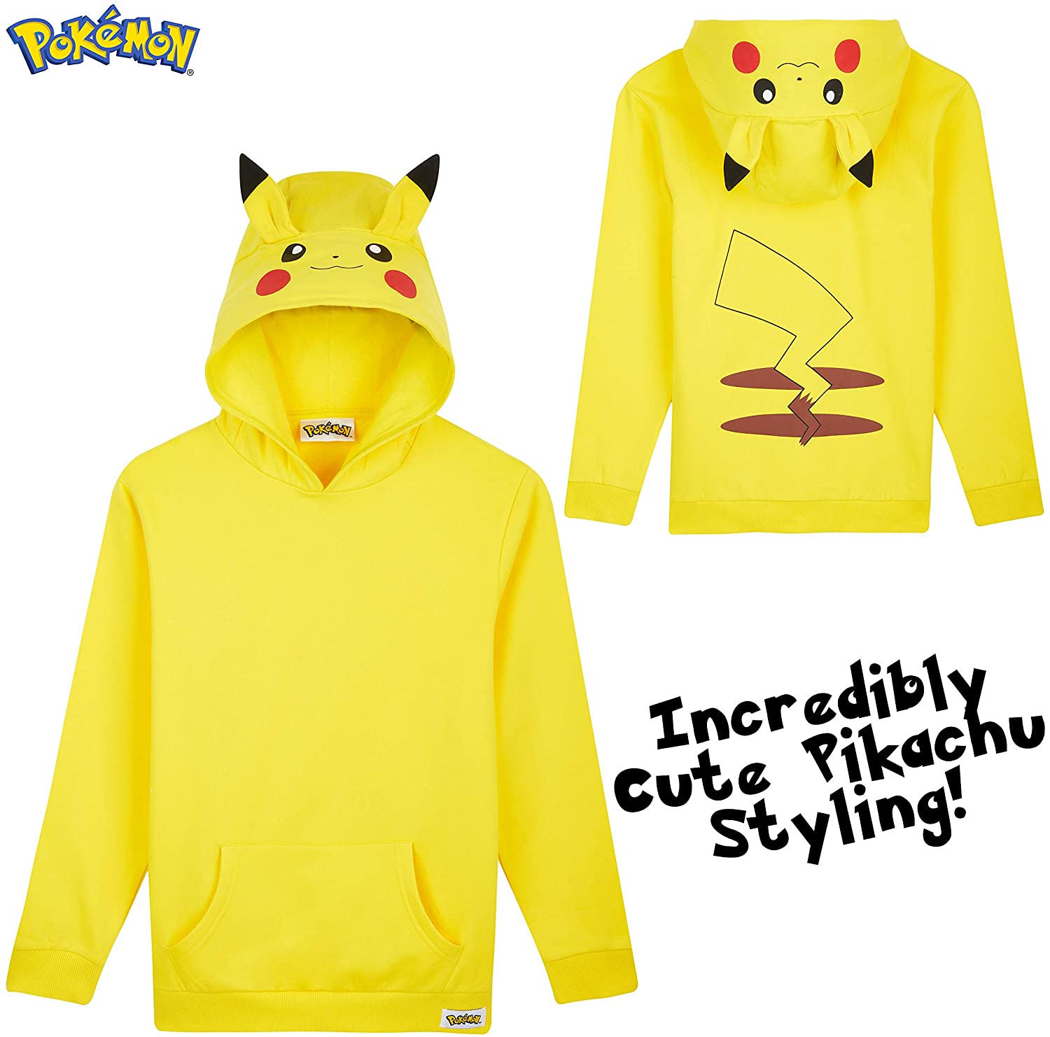 Pokémon Yellow Hoodie Kids, Pikachu Sweatshirt Cotton with 3D Ears Boys Teens - Get Trend