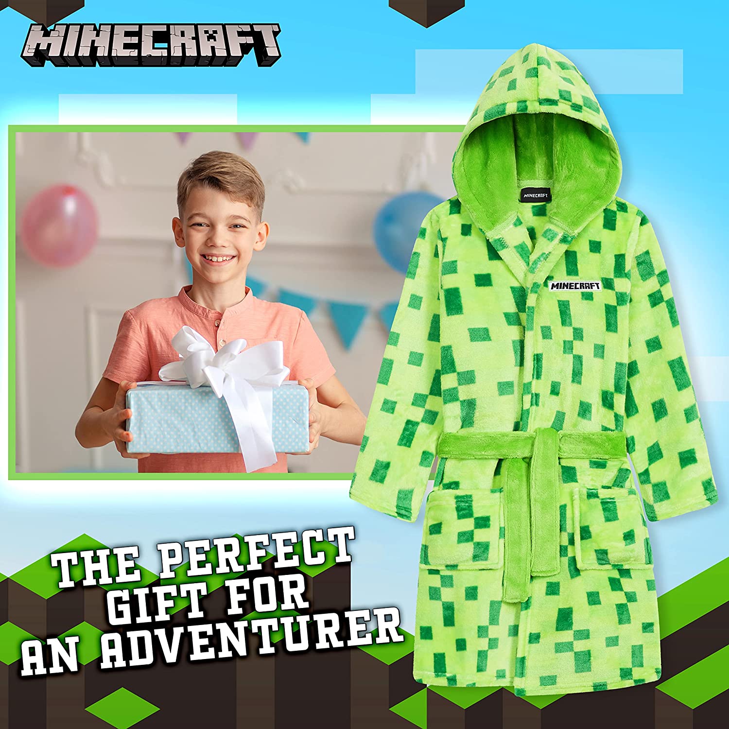 Minecraft Dressing Gown with Pixel Design for Gamers Kids and Teens - Get Trend