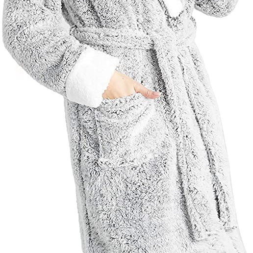 ladies fluffy dressing gowns Haxmnou plus size womens fluffy plush lined bathrobe nightwear winter warm dressing gown mid length pockets hooded robe sleepwear with belt gray xxxxl