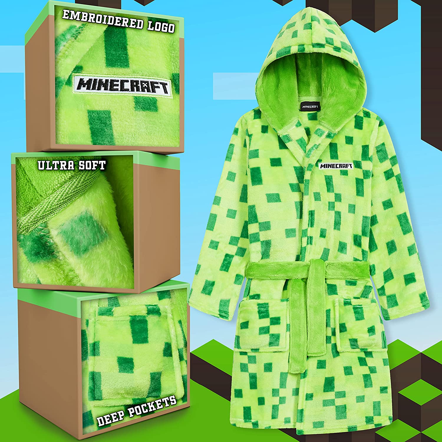 Minecraft Dressing Gown with Pixel Design for Gamers Kids and Teens - Get Trend