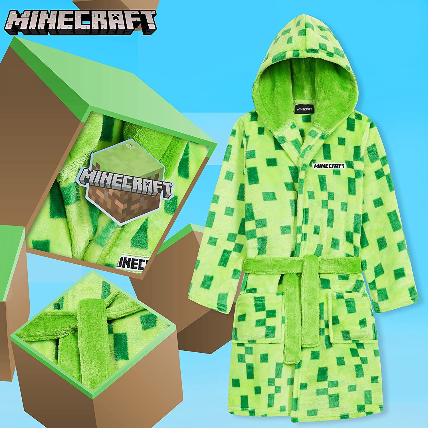 Minecraft Robe Size 10 Minecraft Dressing Gown with Pixel Design for Gamers Kids and Teens ...