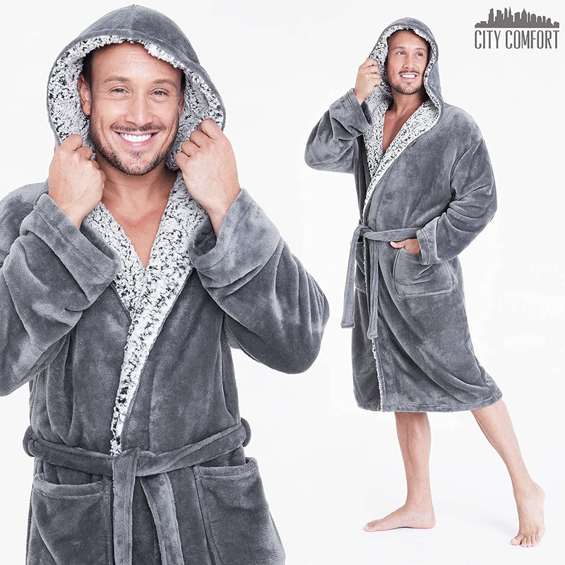 CityComfort Dressing Gowns,Super Soft Hooded,Men's Warm and Cozy Fleece Robe - Get Trend