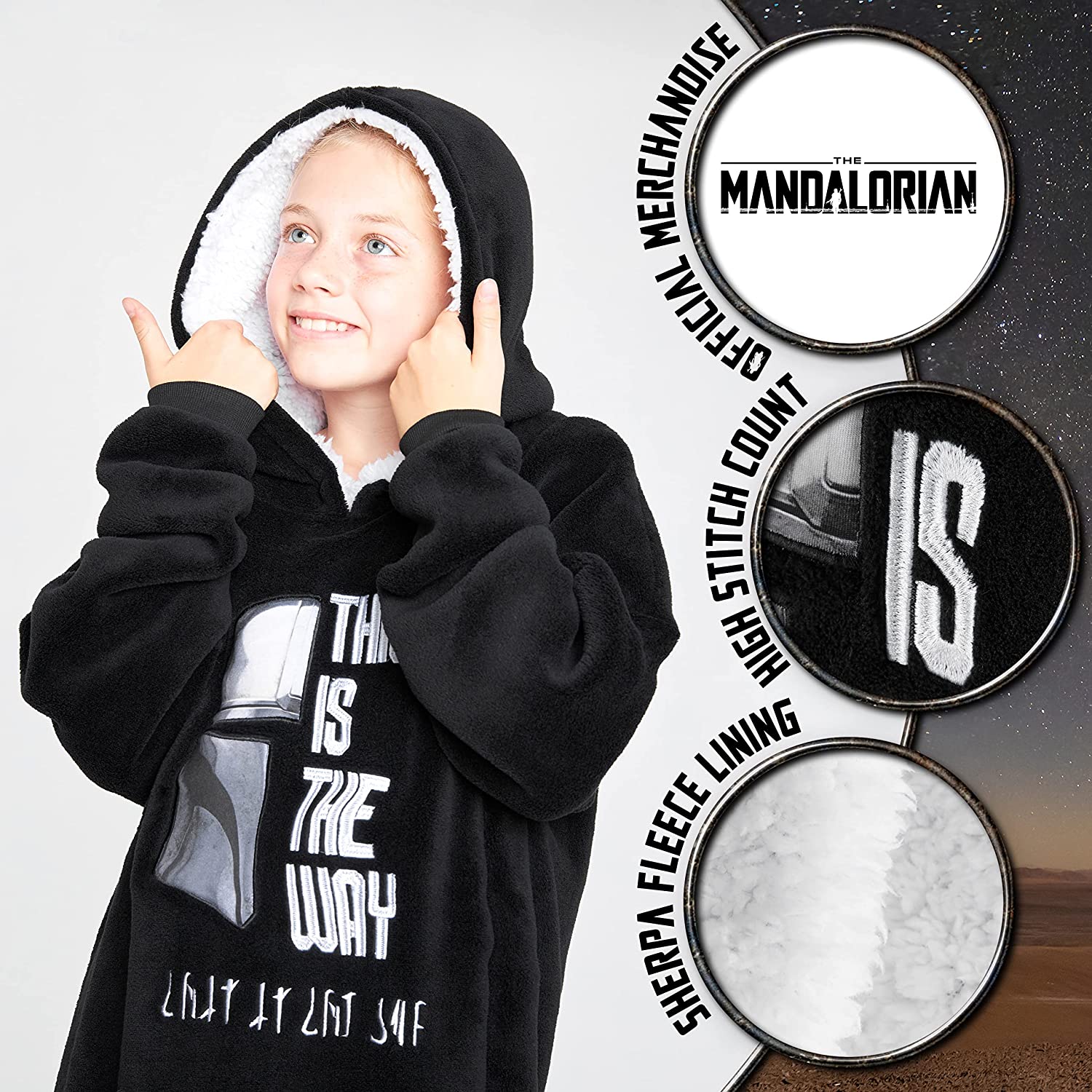 The Mandalorian Boys Oversized Blanket Hoodie, BLACK Fleece Wearable Blanket - Get Trend