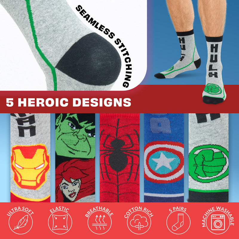 Marvel Socks Pack of 5 - Mens Socks Avengers Gifts for Men