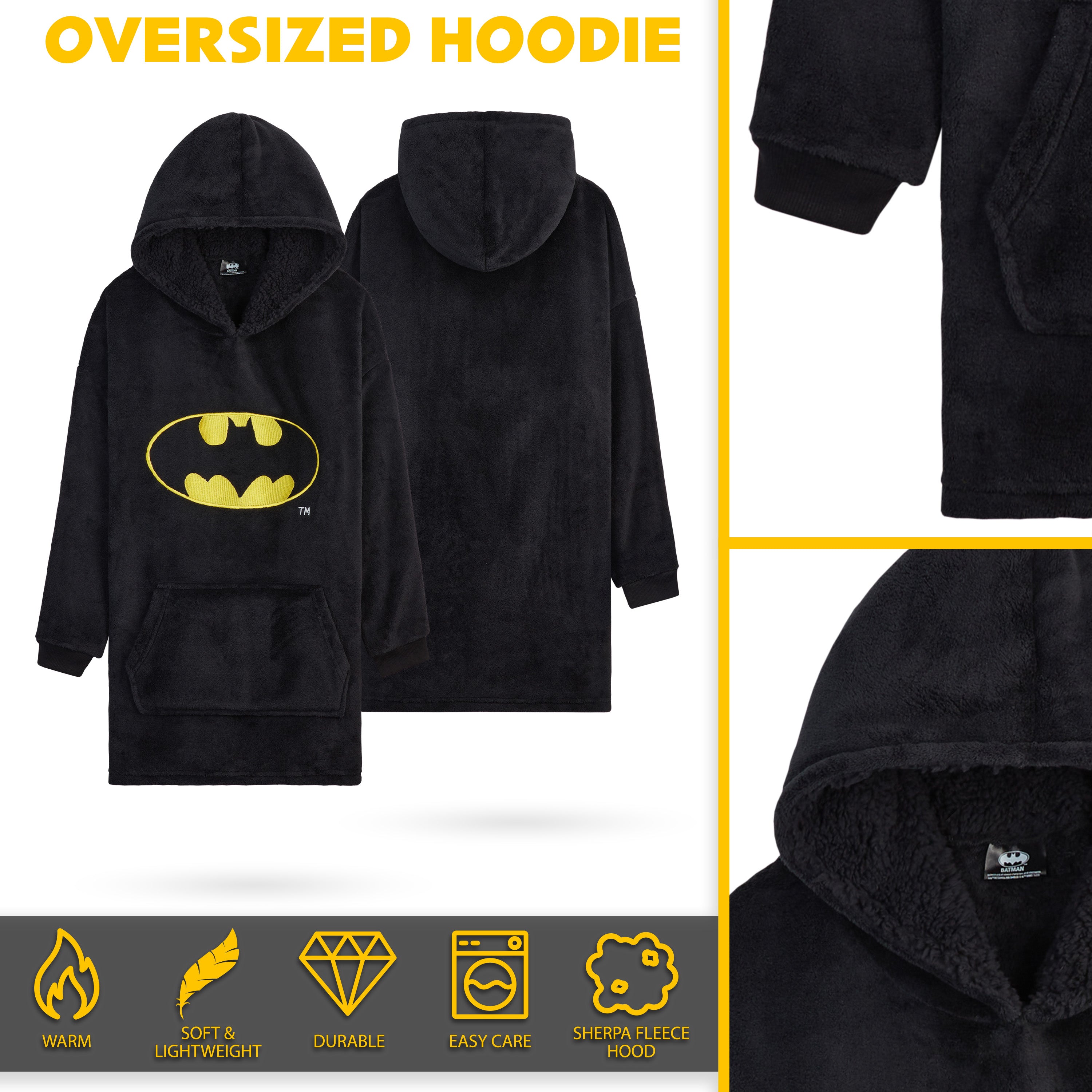 DC Comics Oversized Hoodie Blanket for Kids, Official Batman Gifts for Boys (Black) - Get Trend