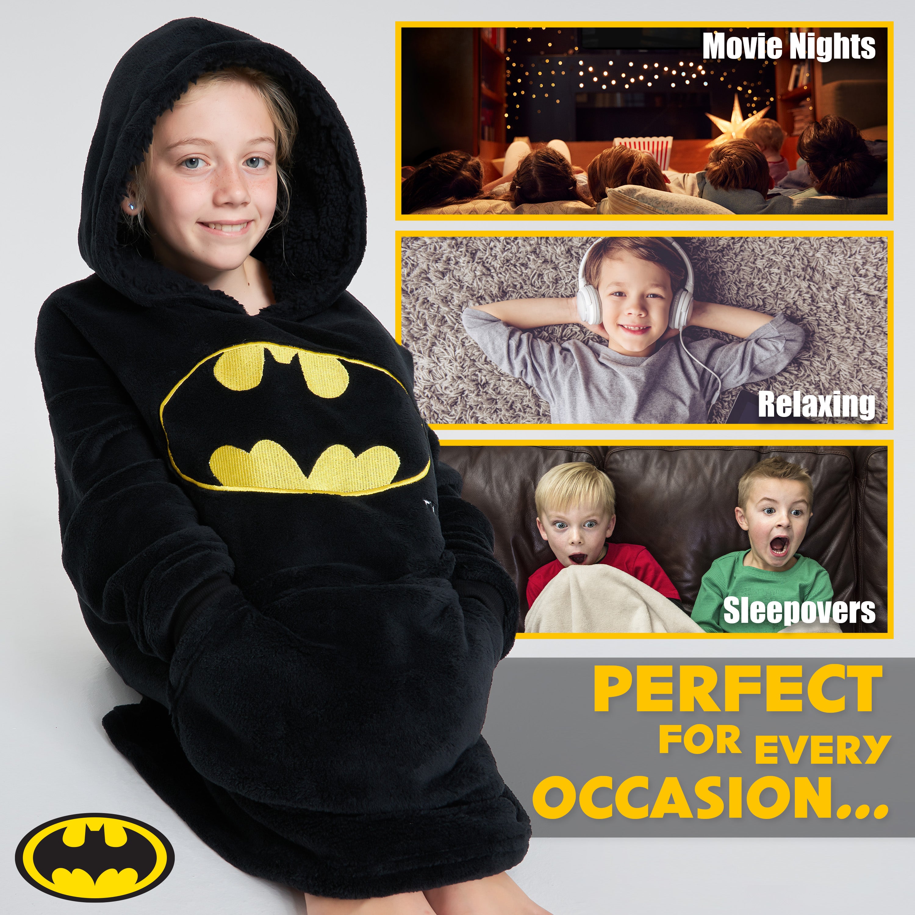 DC Comics Oversized Hoodie Blanket for Kids, Official Batman Gifts for Boys (Black) - Get Trend