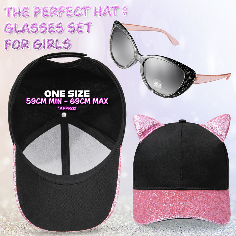 CityComfort Baseball Cap and Kids Sunglasses Set for Girls - Glitter Sun Hat and UV Protection Girls Sunglasses