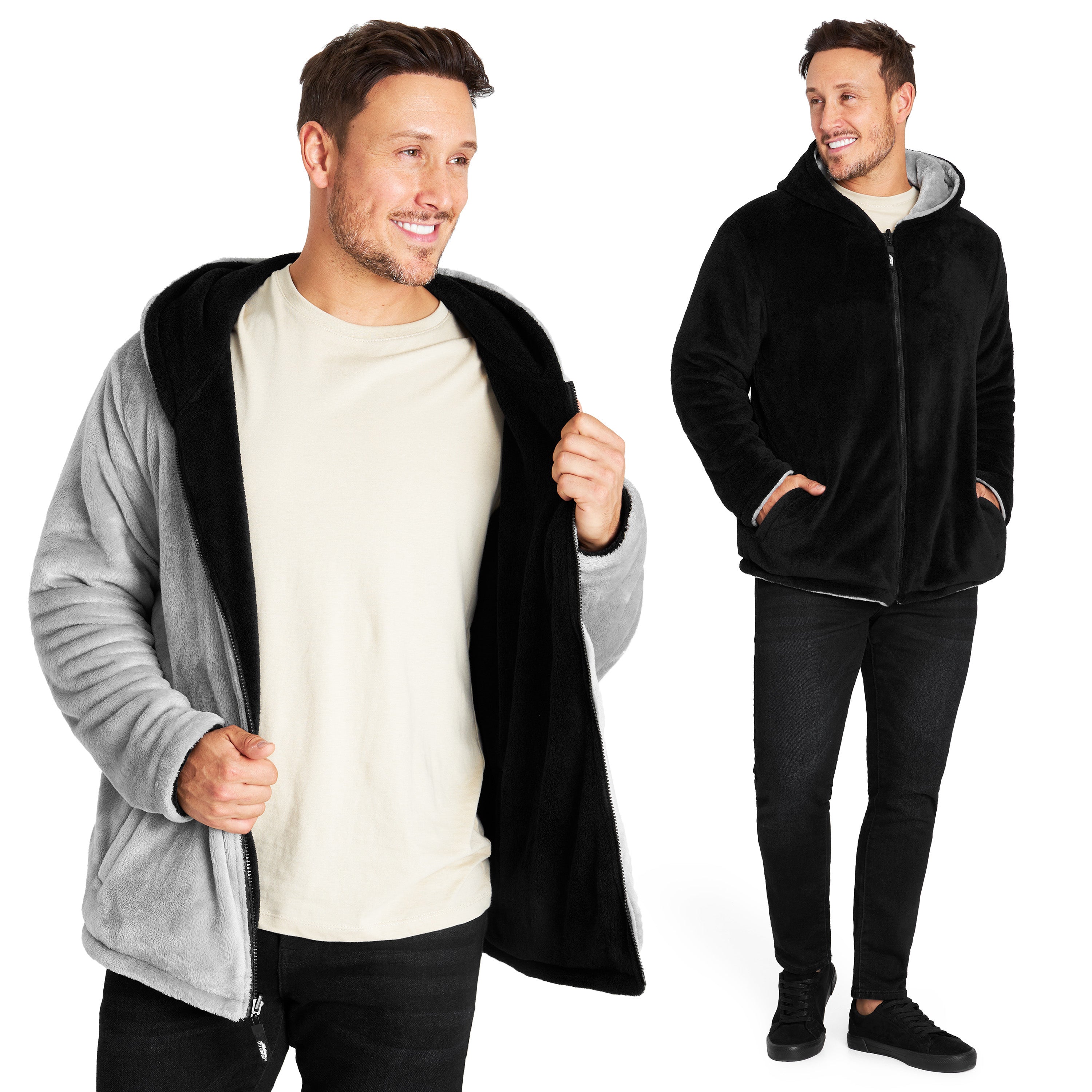 CityComfort Mens Hoodies, Full-Zip Warm Fluffy Hoodie, Reversible Mens Fleece Jacket - Get Trend