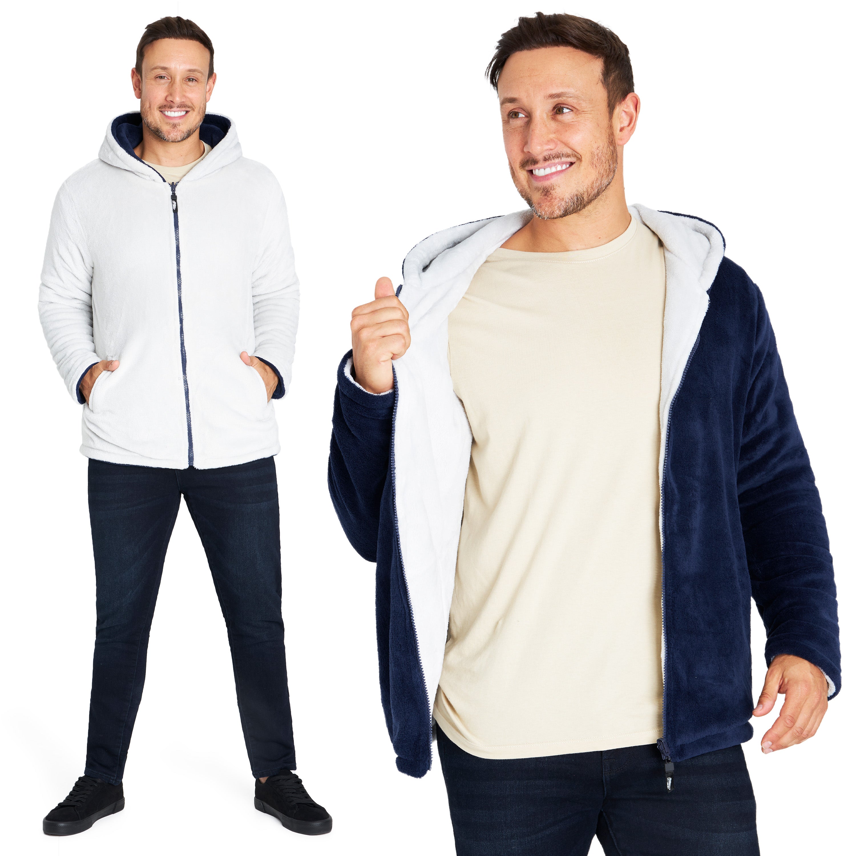 CityComfort Mens Hoodies, Full-Zip Warm Fluffy Hoodie, Reversible Mens Fleece Jacket - Get Trend