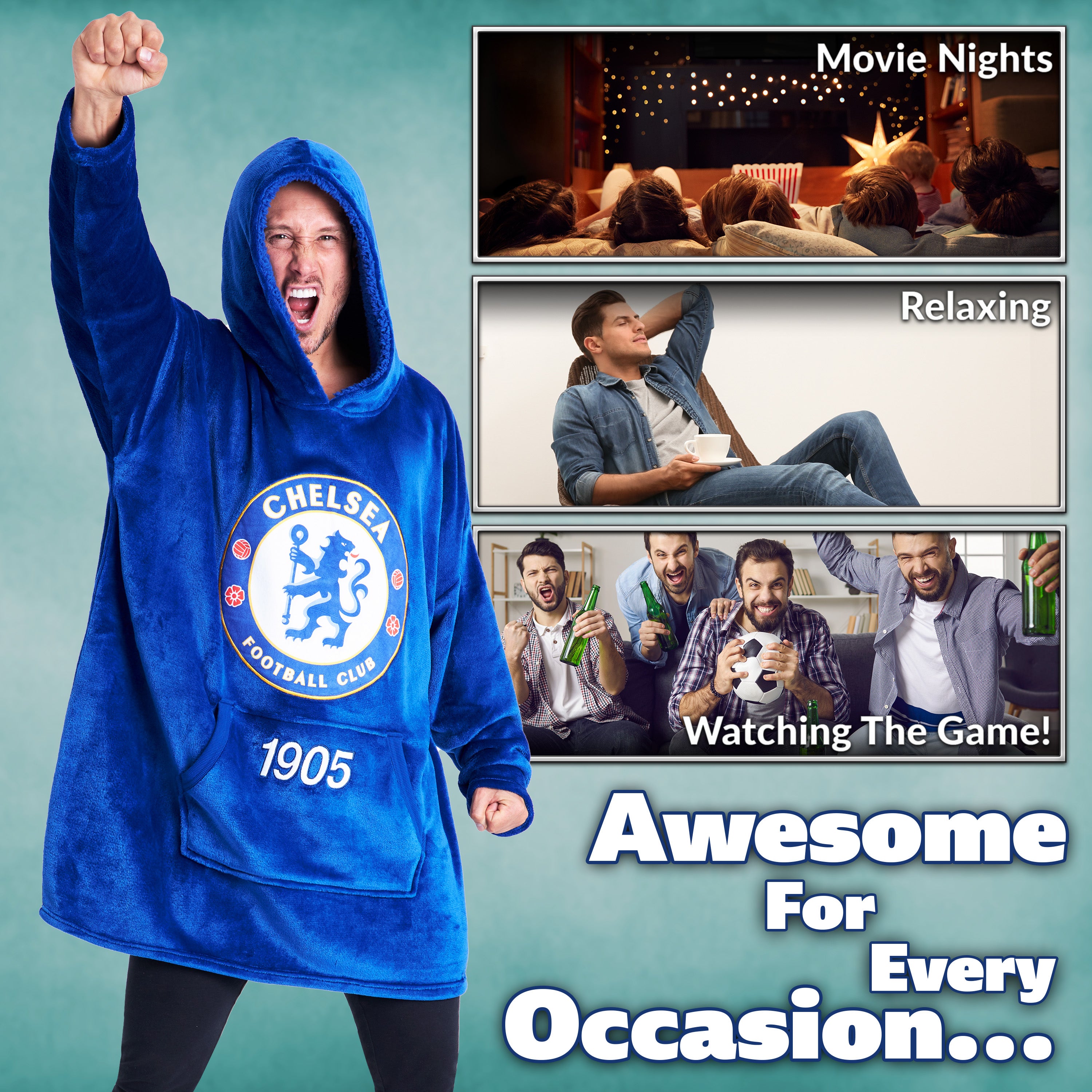 Chelsea FC Oversized Hoodie Blanket for Men, Football Gifts for Men (Blue) - Get Trend