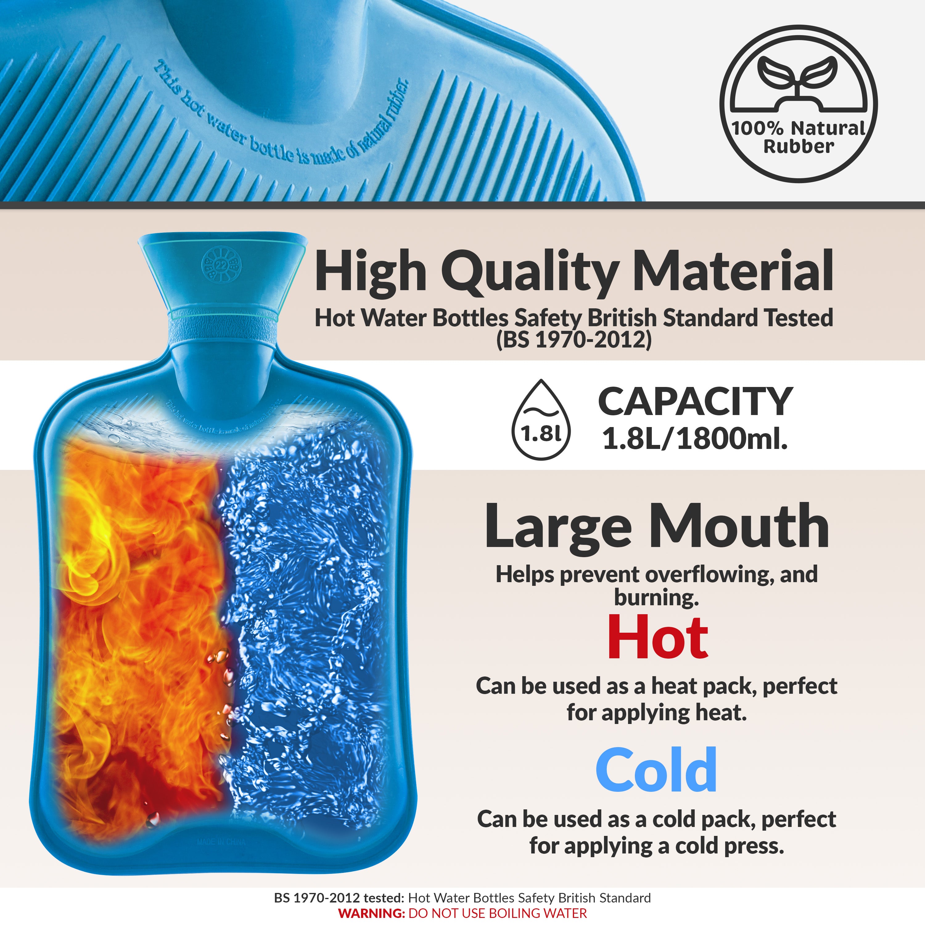 Hot Water Bottle Large 1.8L Rubber Hot Water Bag - Blue - Get Trend