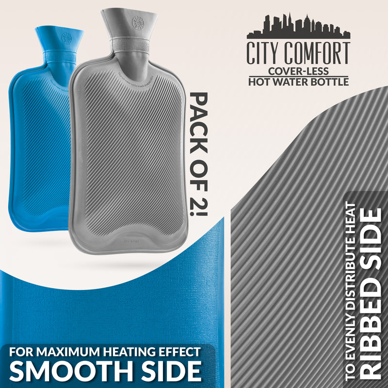 Hot Water Bottle Large 1.8L Rubber Hot Water Bag  - Grey/Blue, 2 Pack - Get Trend