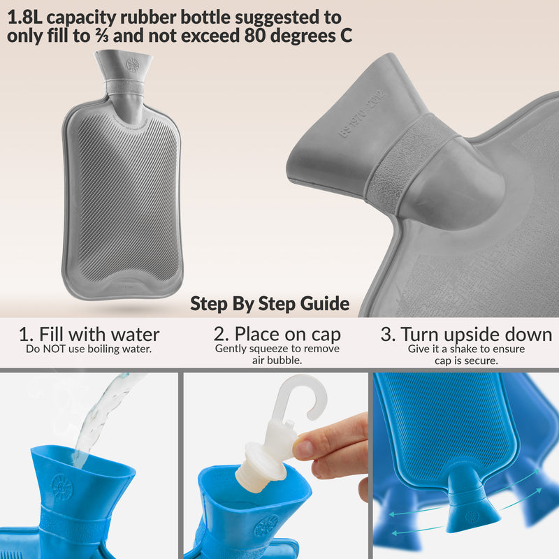 Hot Water Bottle Large 1.8L Rubber Hot Water Bag  - Grey/Blue, 2 Pack - Get Trend