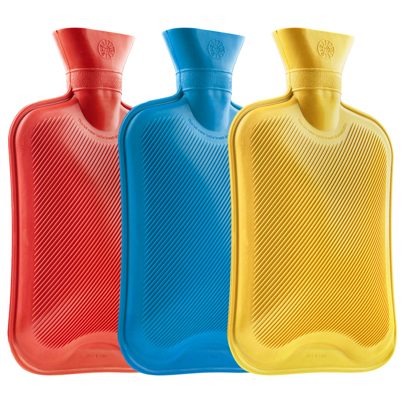 Hot Water Bottle Large 1.8L Rubber Hot Water Bag - Blue/Red/Yellow, 3 Pack