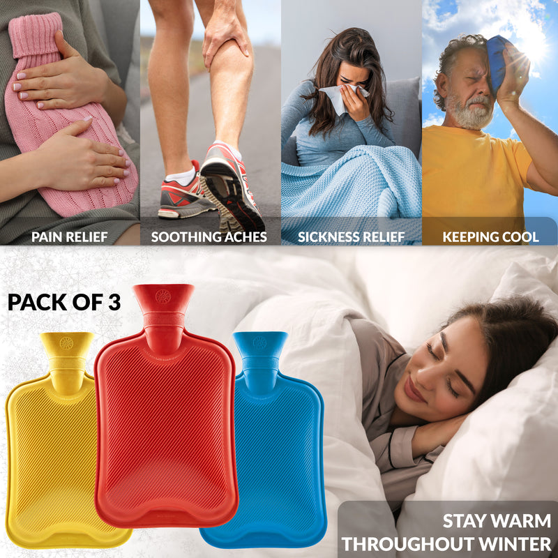 Hot Water Bottle Large 1.8L Rubber Hot Water Bag - Blue/Red/Yellow, 3 Pack