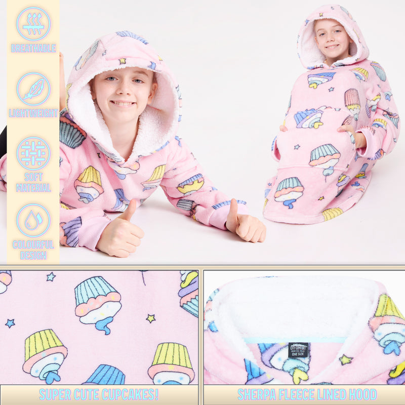 CityComfort Girls Oversized Blanket Hoodie Kids - Cupcake