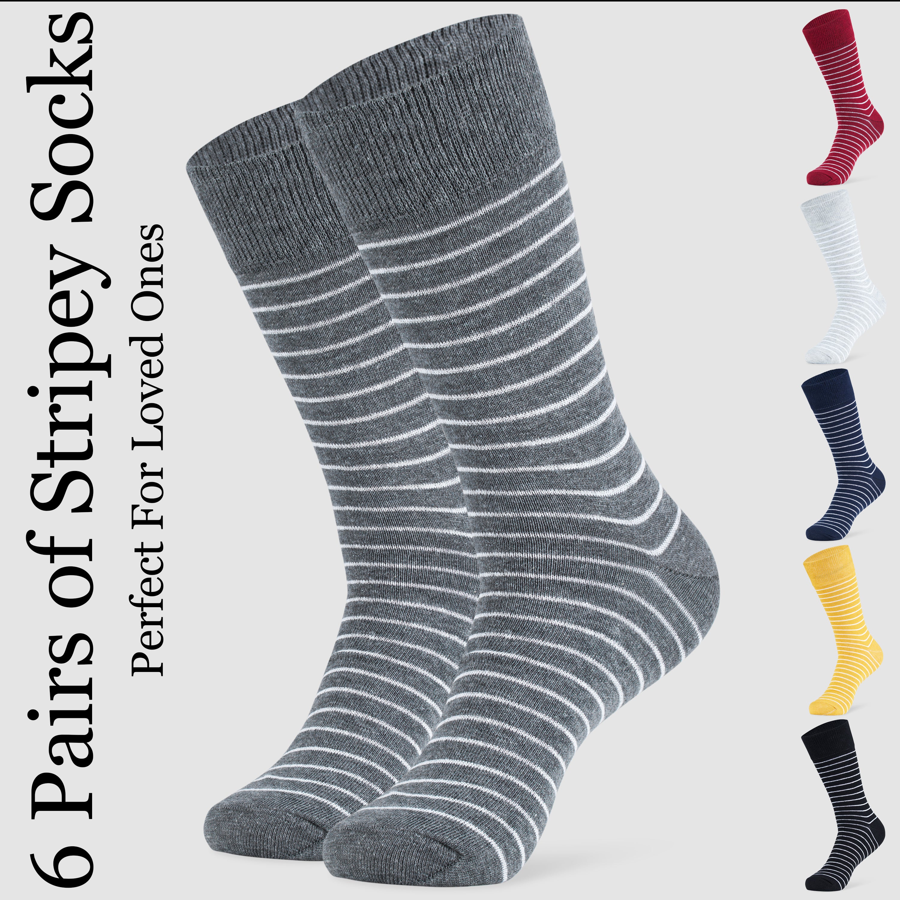 CityComfort Mens Socks Multipack, Pack of 6 Striped Calf Length Crew Socks for Men and Teens - Get Trend