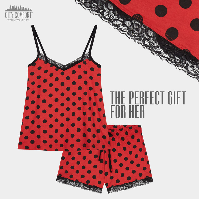 CityComfort Ladies Pyjamas, Women’s 2 Piece Nightwear, RED SPOTS Pjs Set