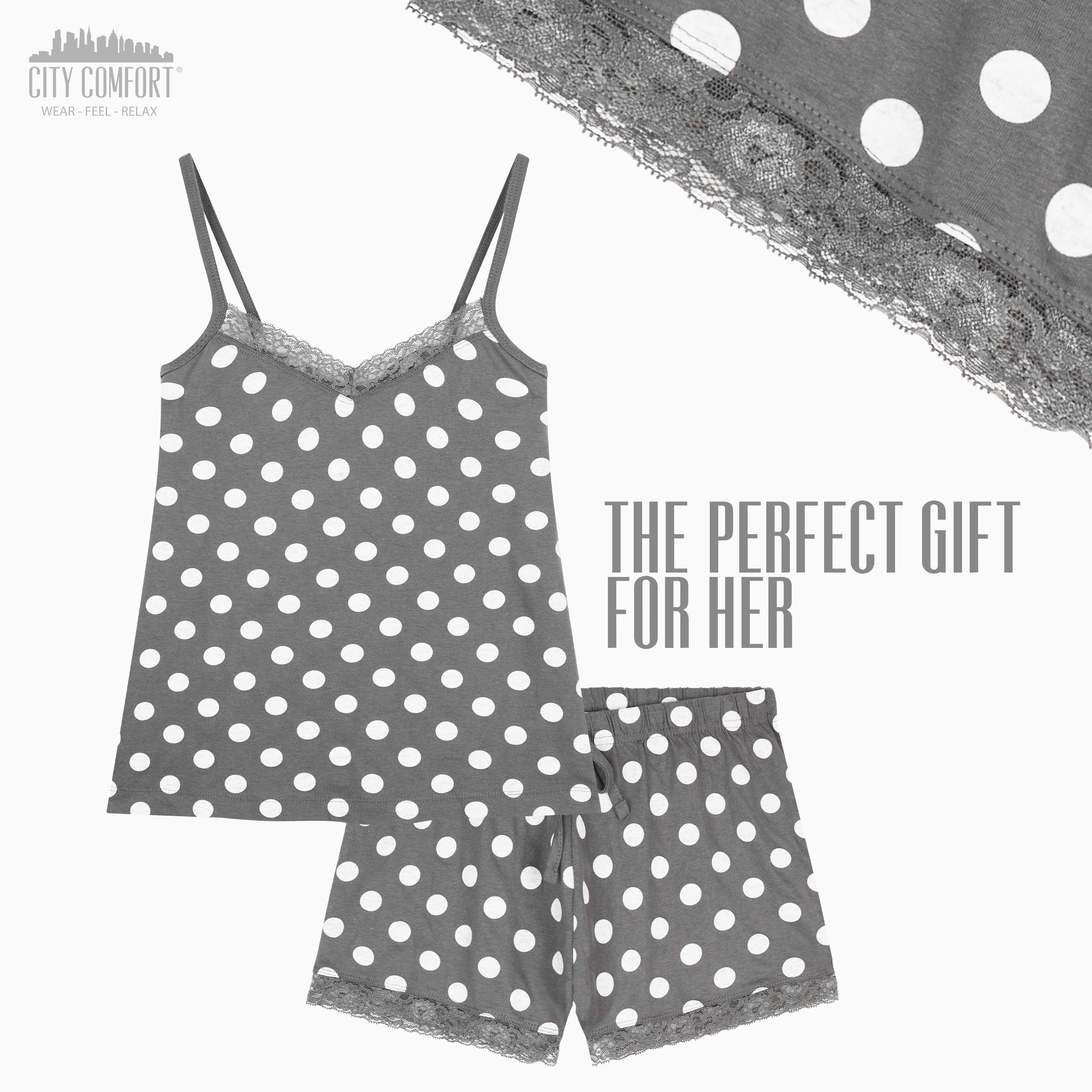 CityComfort Ladies Pyjamas, Women’s 2 Piece Nightwear, GREY SPOTS Pjs Set - Get Trend