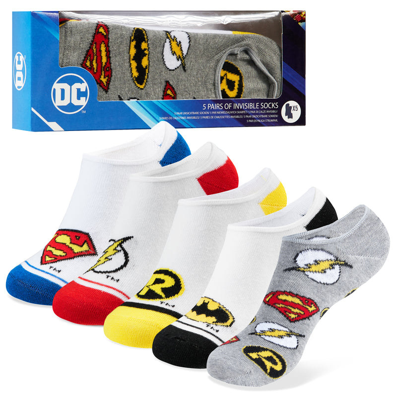DC Comics Boys Socks, 5 Pack Batman Superman No Show Invisible Socks - WHITE