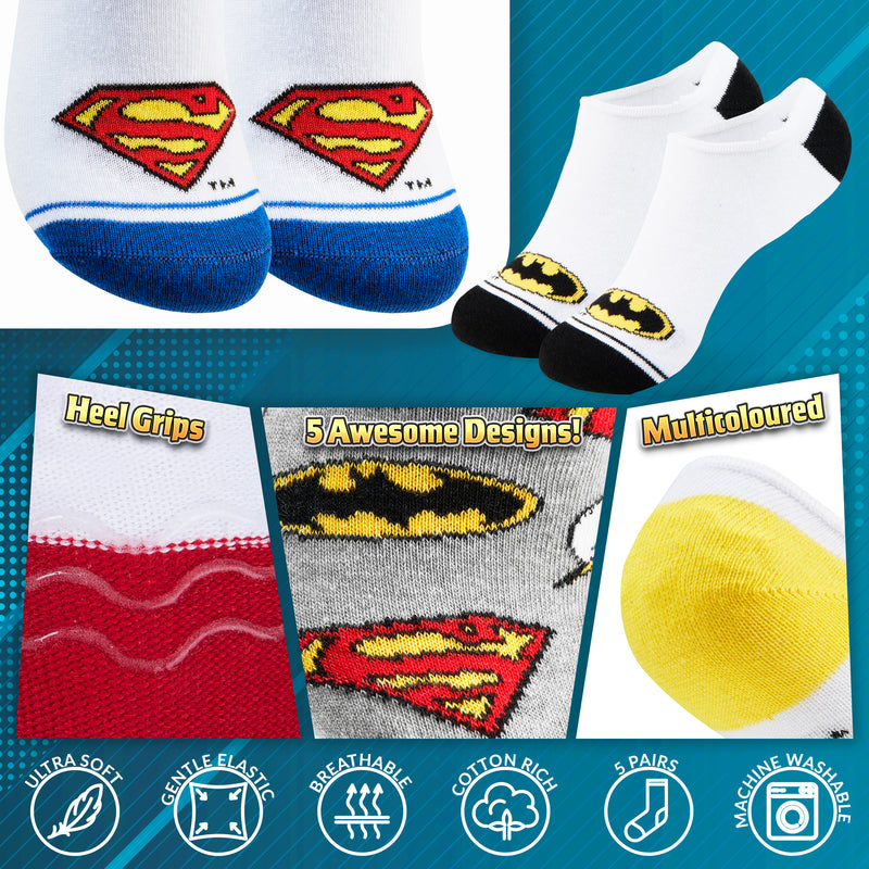 DC Comics Boys Socks, 5 Pack Batman Superman No Show Invisible Socks - WHITE - Get Trend