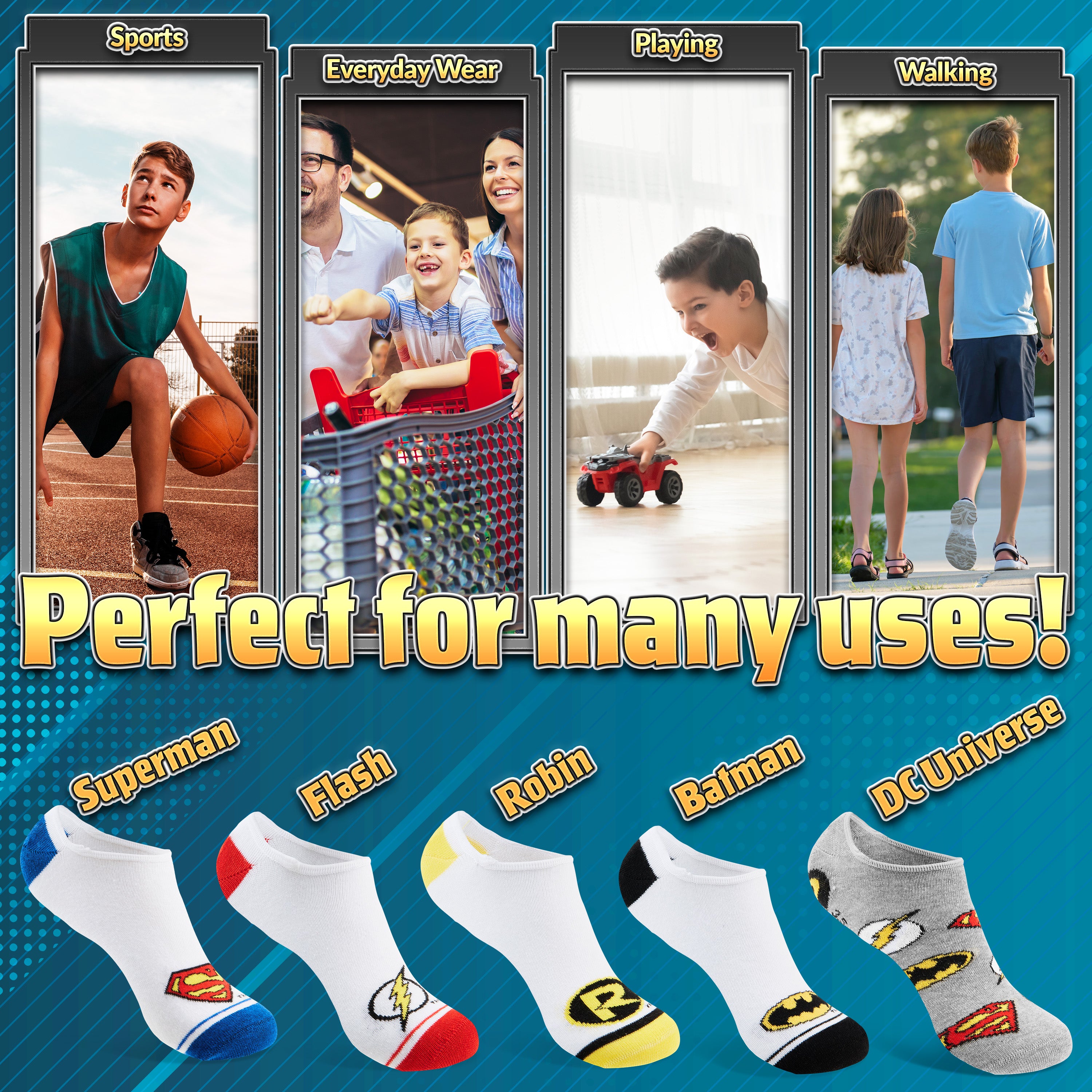 DC Comics Boys Socks, 5 Pack Batman Superman No Show Invisible Socks - WHITE - Get Trend