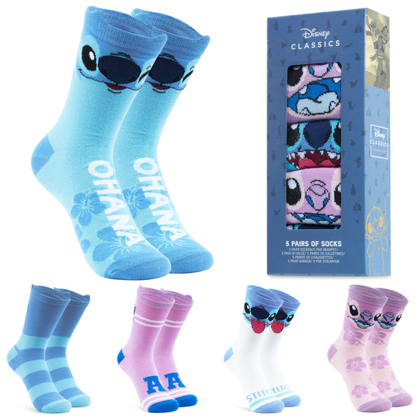 Disney Womens Socks, Stitch 5 Pack Crew Socks, Stitch Gifts (Pink/Blue) - Get Trend