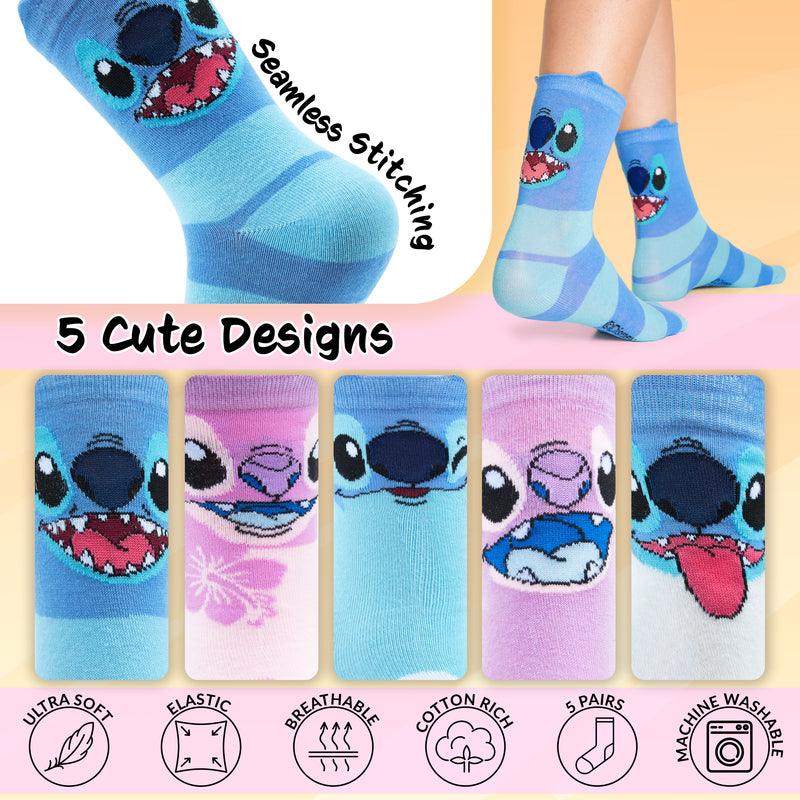 Disney Womens Socks, Stitch 5 Pack Crew Socks, Stitch Gifts (Pink/Blue)