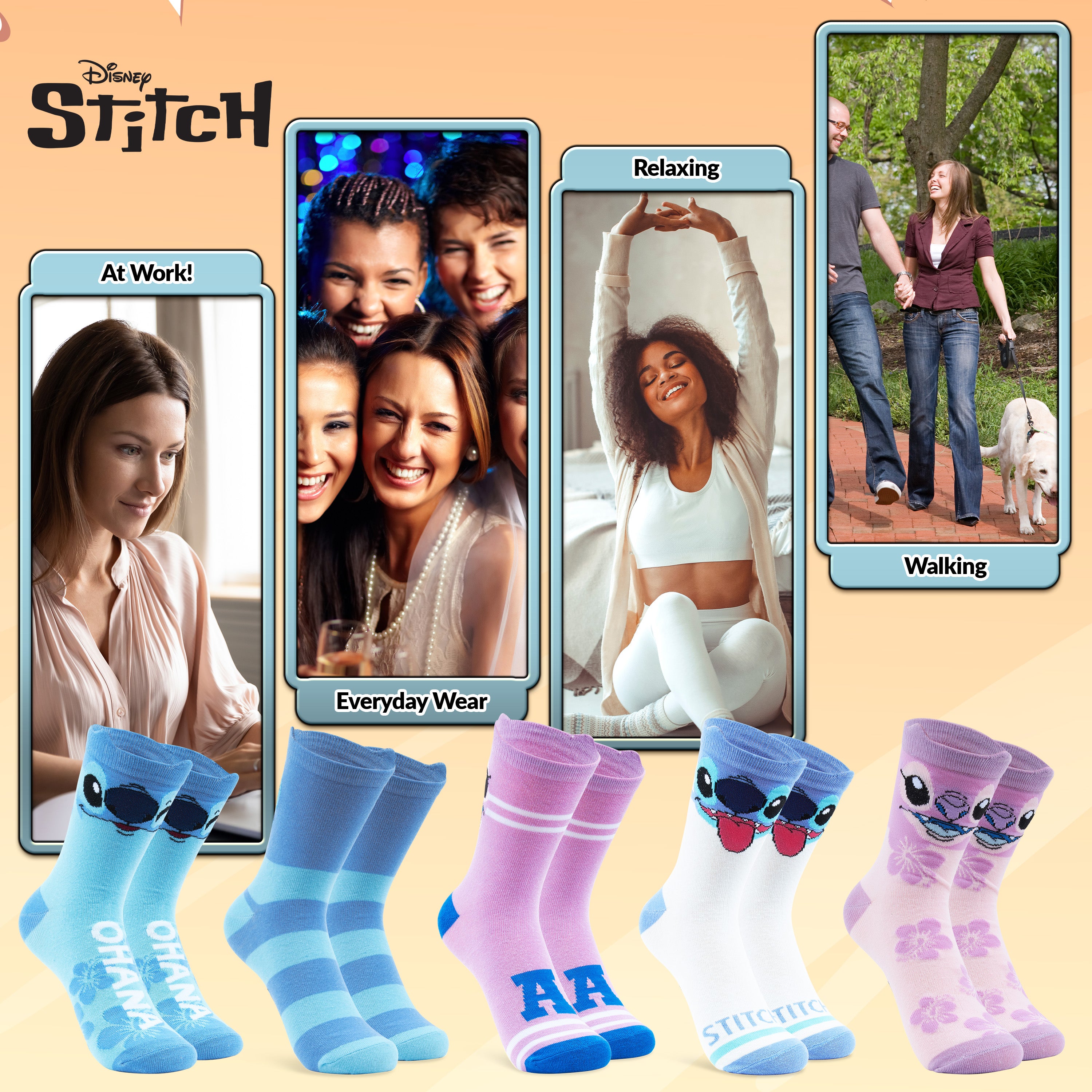 Disney Womens Socks, Stitch 5 Pack Crew Socks, Stitch Gifts (Pink/Blue) - Get Trend