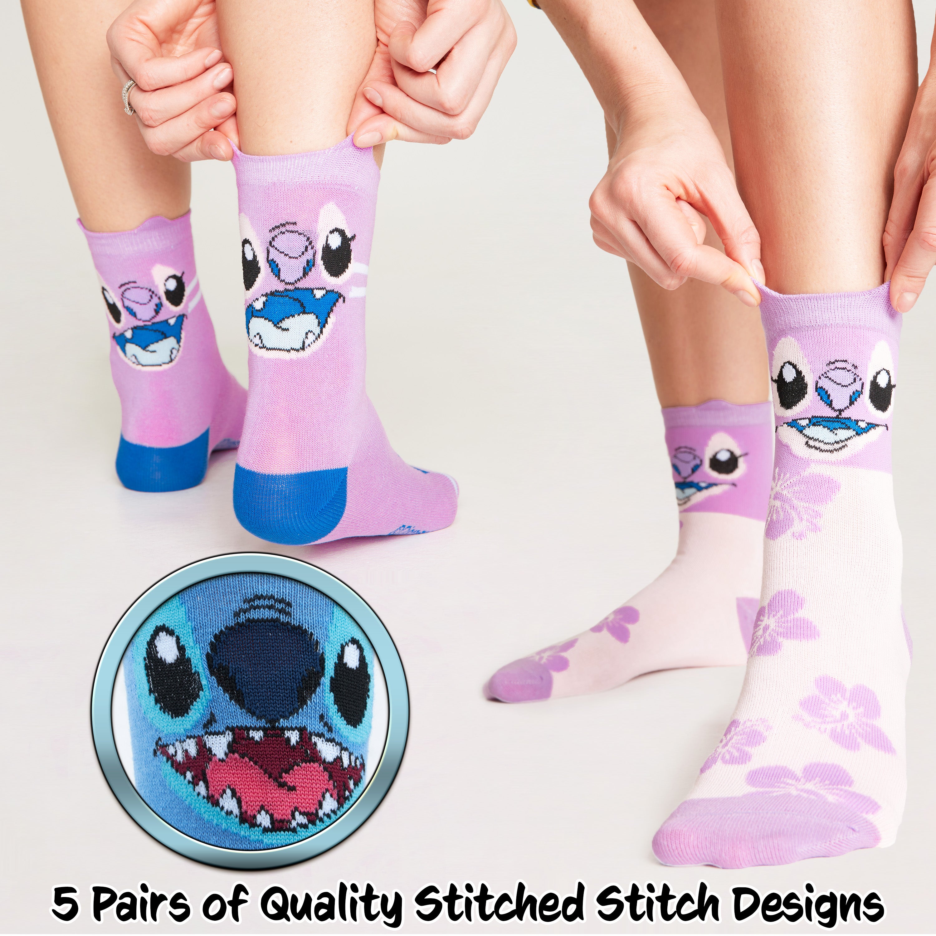 Disney Womens Socks, Stitch 5 Pack Crew Socks, Stitch Gifts (Pink/Blue) - Get Trend