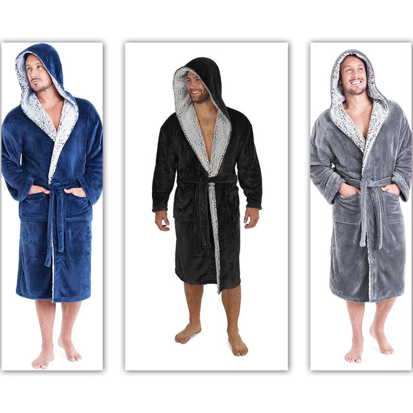 Men's super soft navy fleece dressing gown with hood