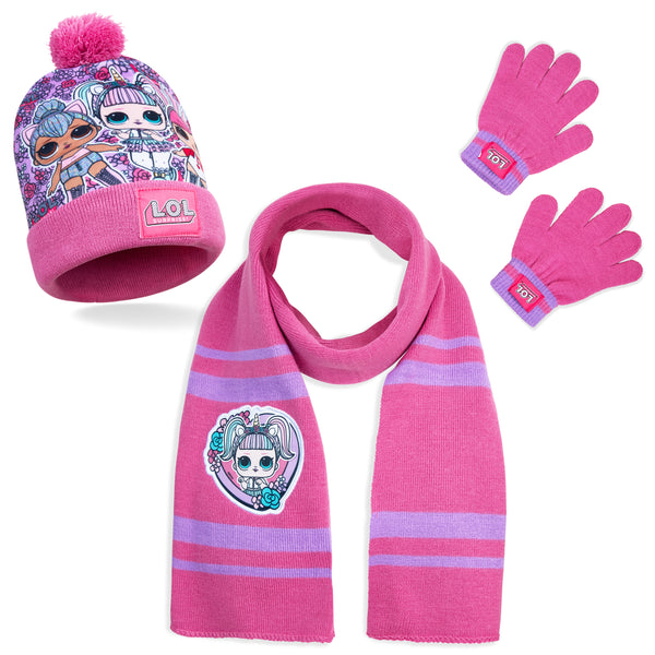 L.O.L. Surprise ! Hat Scarf and Gloves Set, Fine knit Warm Bobble Hat - Get Trend