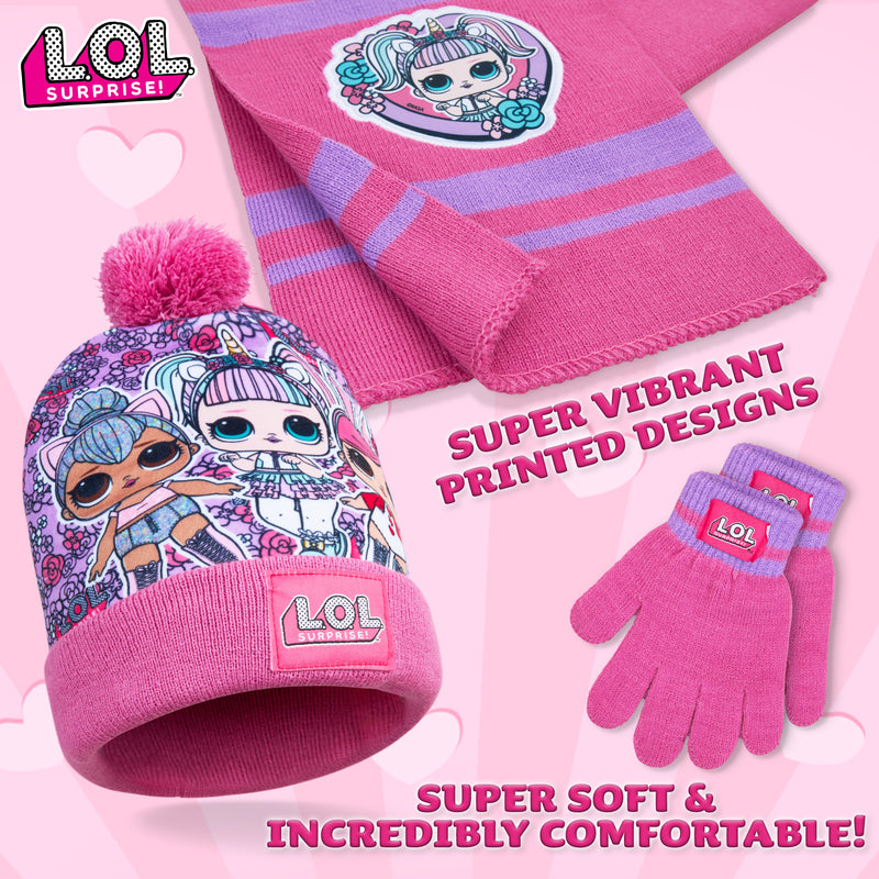 L.O.L. Surprise ! Hat Scarf and Gloves Set, Fine knit Warm Bobble Hat