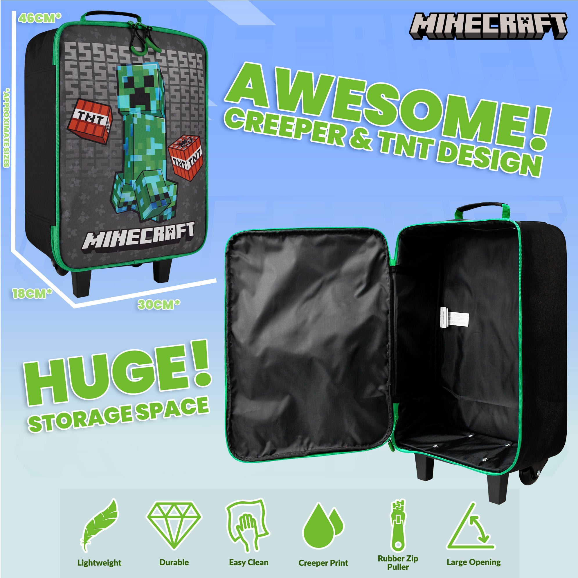 Minecraft Kids Suitcase for Boys and Girls Foldable Hand Luggage Gamer Travel Bag with Wheels - Get Trend