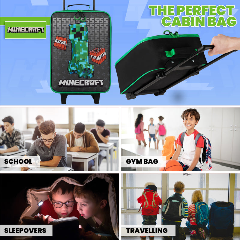 Minecraft Kids Suitcase for Boys and Girls Foldable Hand Luggage Gamer Travel Bag with Wheels