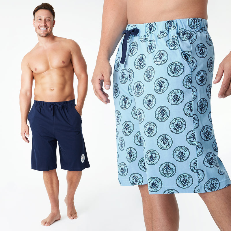 Manchester City F.C. Mens Shorts, 2 Pack Cotton Lounge Shorts, Man City Gifts