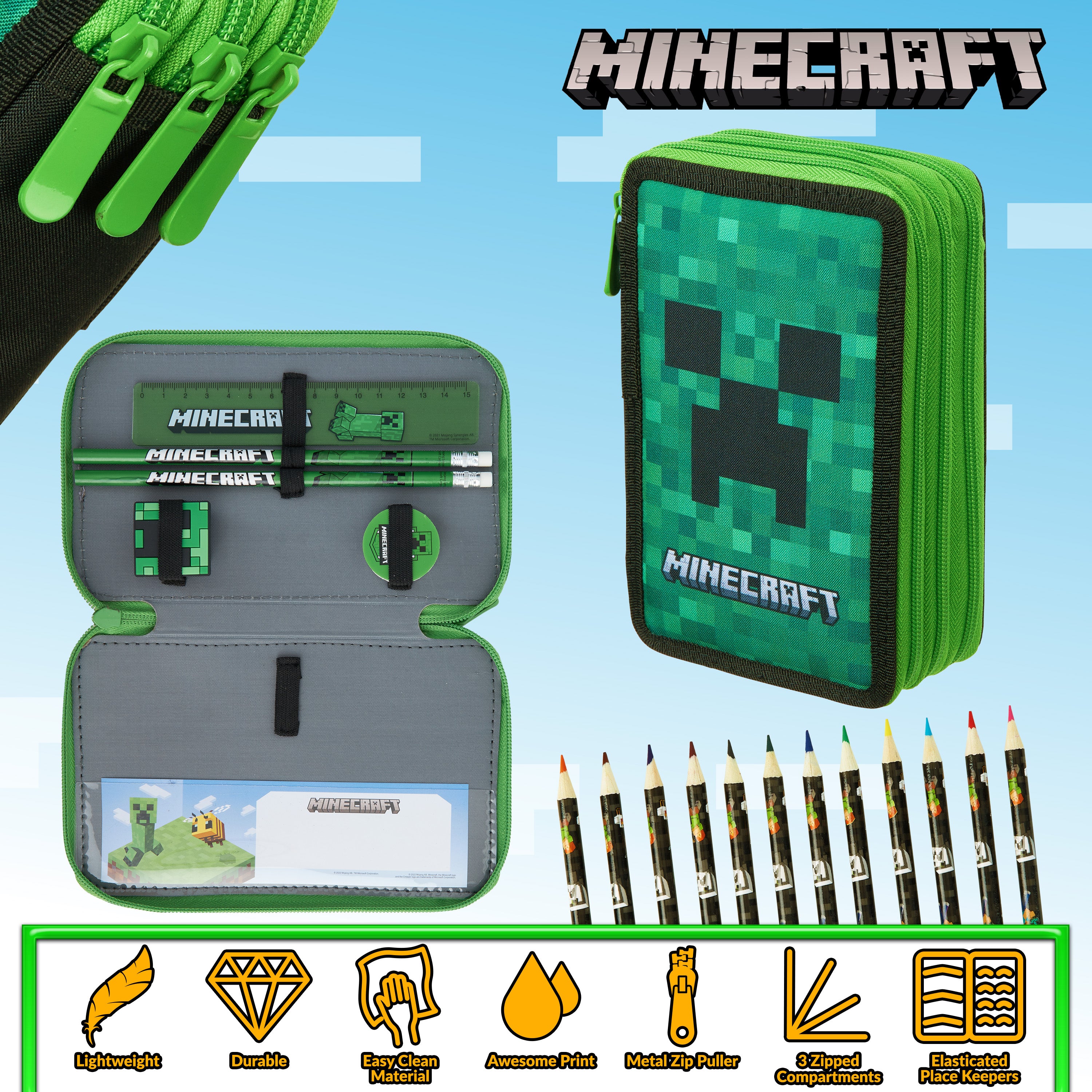 Minecraft Pencil Case -  Large Pencil Case 3 Compartments Filled with School Supplies - Get Trend