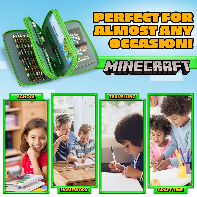 Minecraft Pencil Case -  Large Pencil Case 3 Compartments Filled with School Supplies