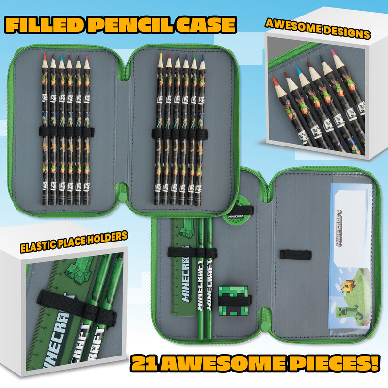 Minecraft Pencil Case -  Large Pencil Case 3 Compartments Filled with School Supplies - Get Trend