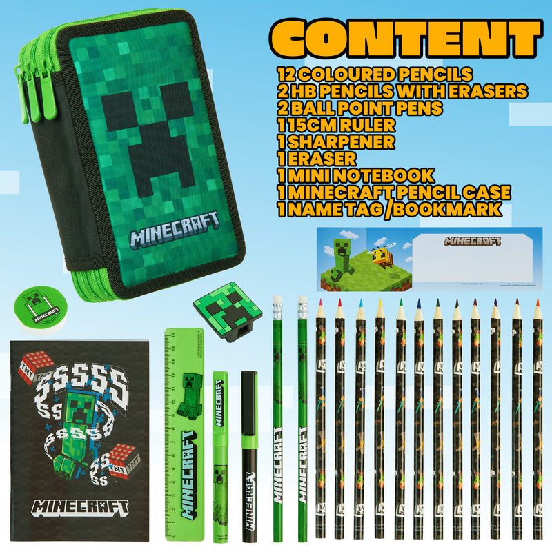 Minecraft Pencil Case -  Large Pencil Case 3 Compartments Filled with School Supplies - Get Trend
