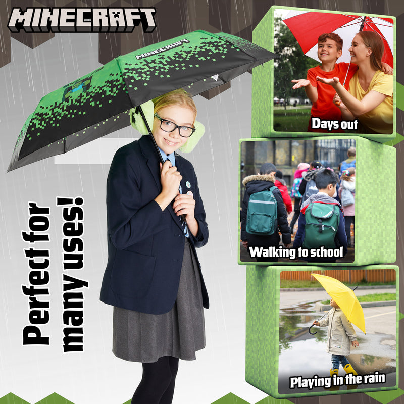 Minecraft Clear Dome Folding Umbrella for Kids - Telescopic, Windproof, Lightweight, and Fun Design - Ideal for Rainy Days