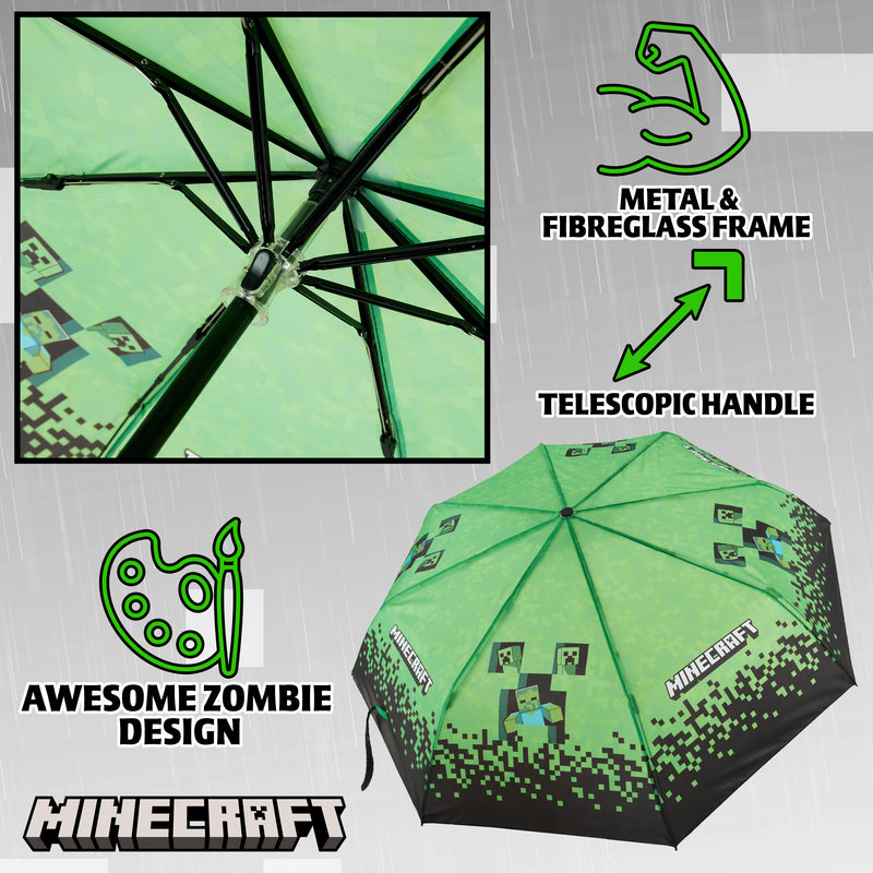 Minecraft Clear Dome Folding Umbrella for Kids - Telescopic, Windproof, Lightweight, and Fun Design - Ideal for Rainy Days - Get Trend