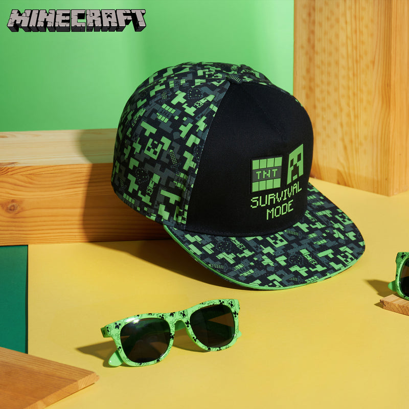 Minecraft Baseball Cap and Kids Sunglasses Set, Gamer Gifts (Black/Green)