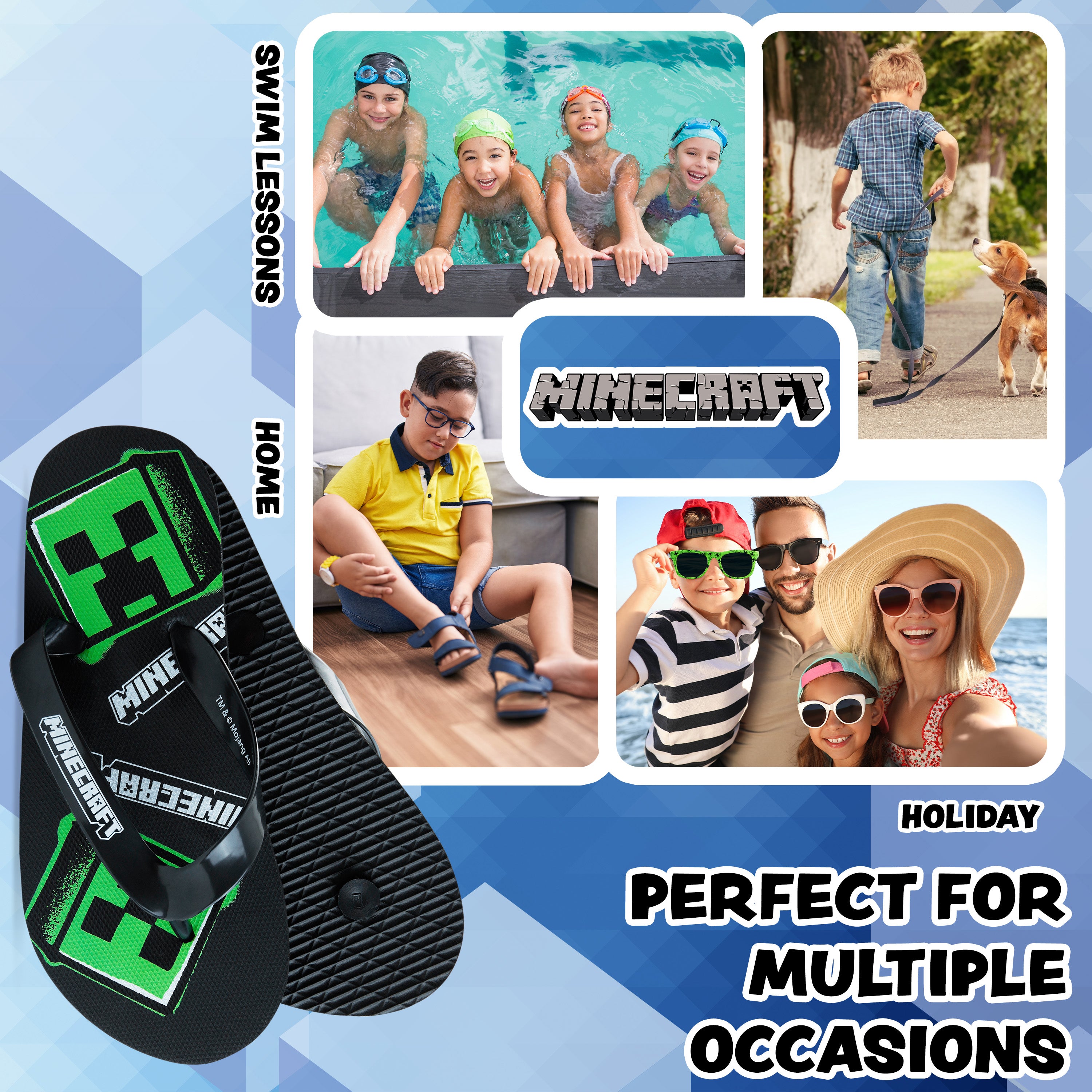 Minecraft Boys Sliders or Flip Flops for Beach and Pool Boys