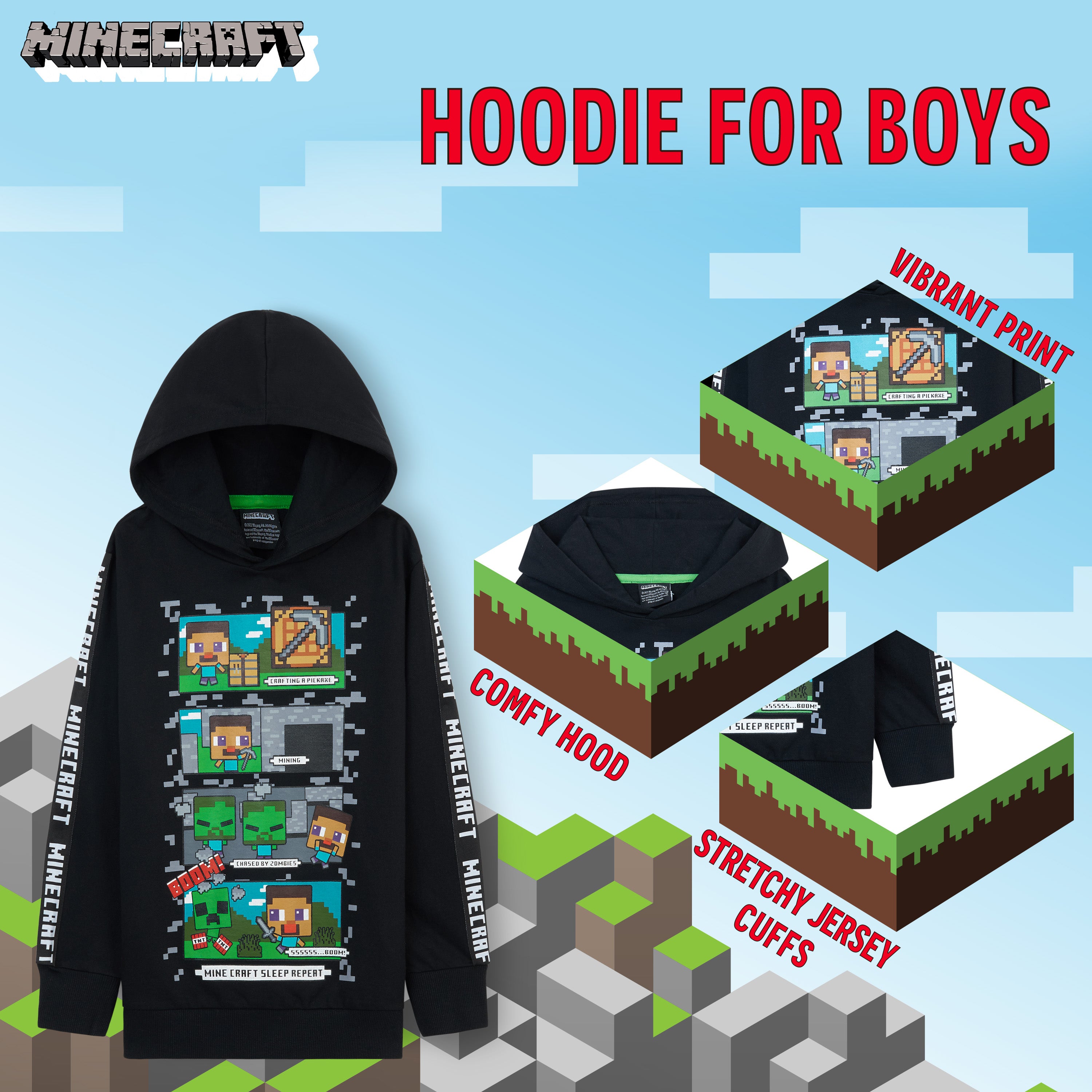 Minecraft Hoodie for Boys - Black, Gifts for Gamers - Get Trend