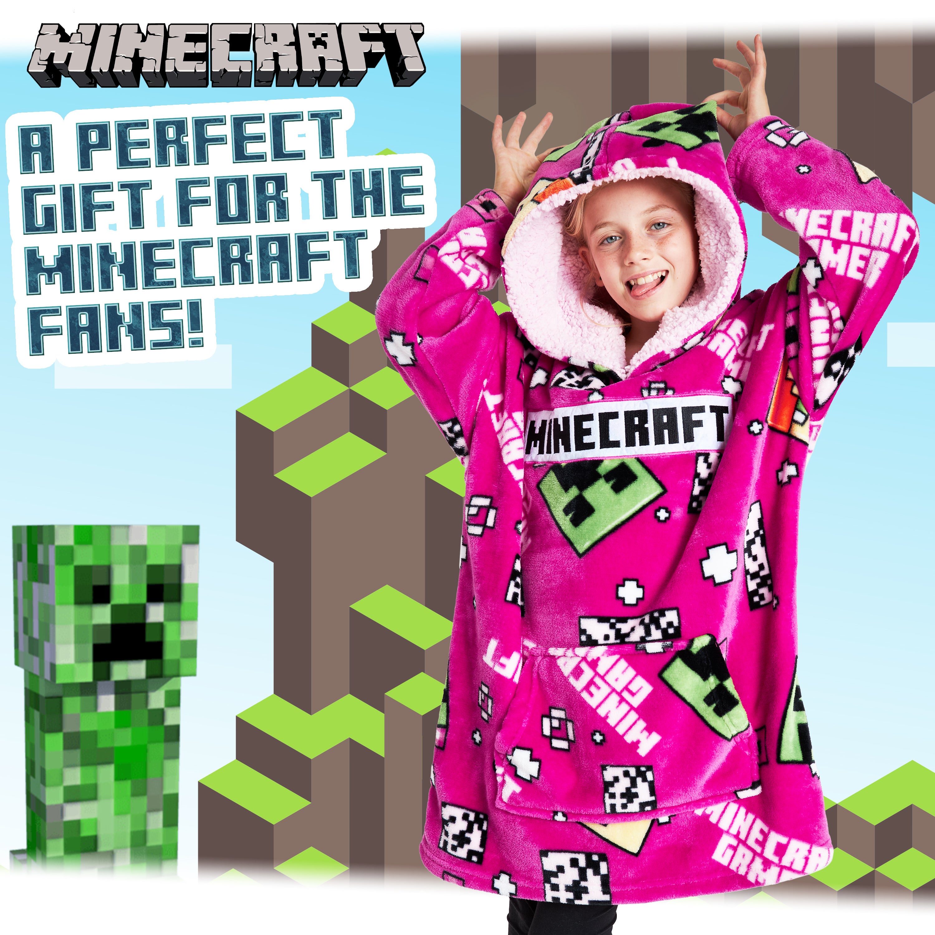 Minecraft Hoodie for Girls, Fleece Oversized Hoodie Blanket, Minecraft gifts Pink - Get Trend