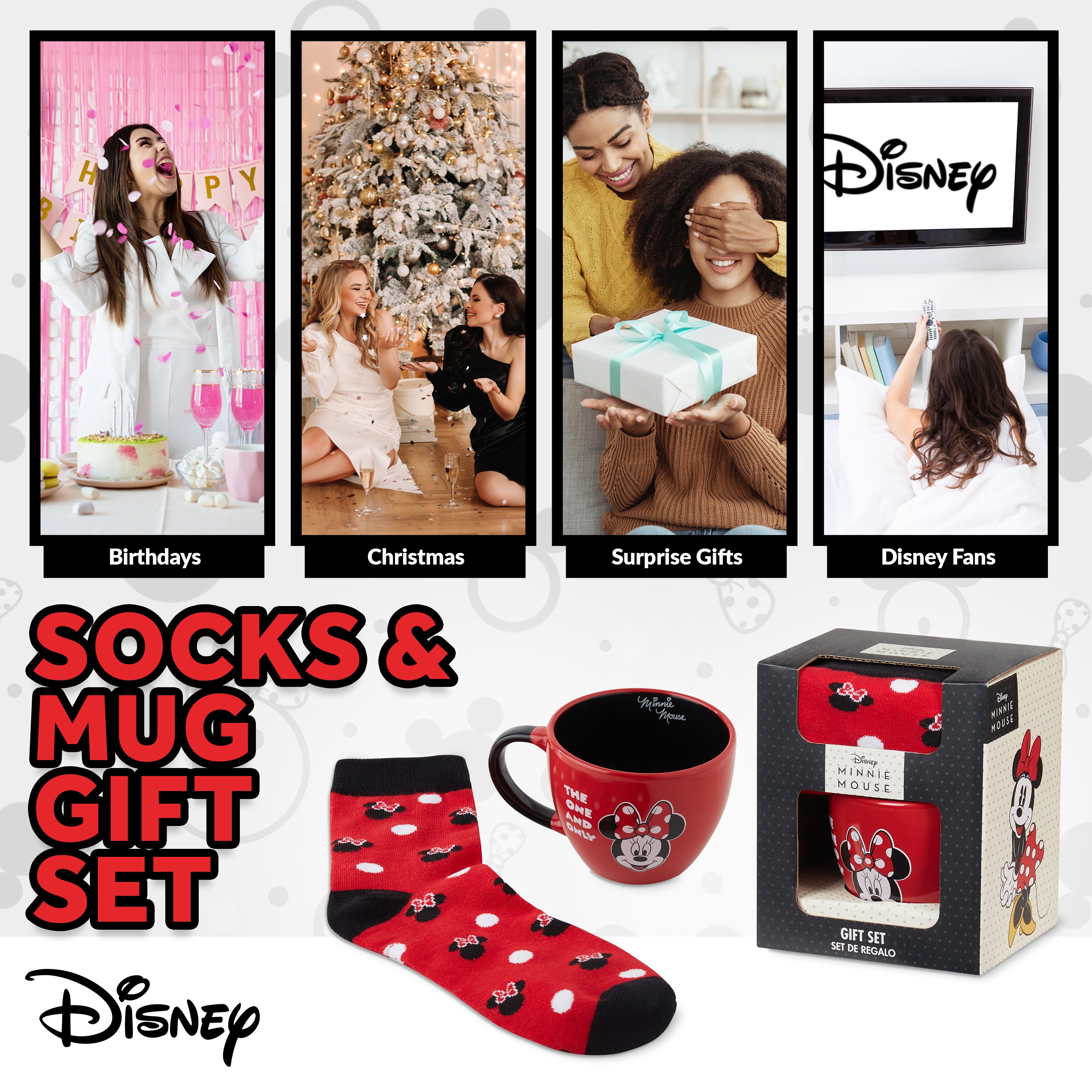 Disney Cup and Socks Gift Set Mickey Minnie Gifts for Women, Red - Minnie - Get Trend