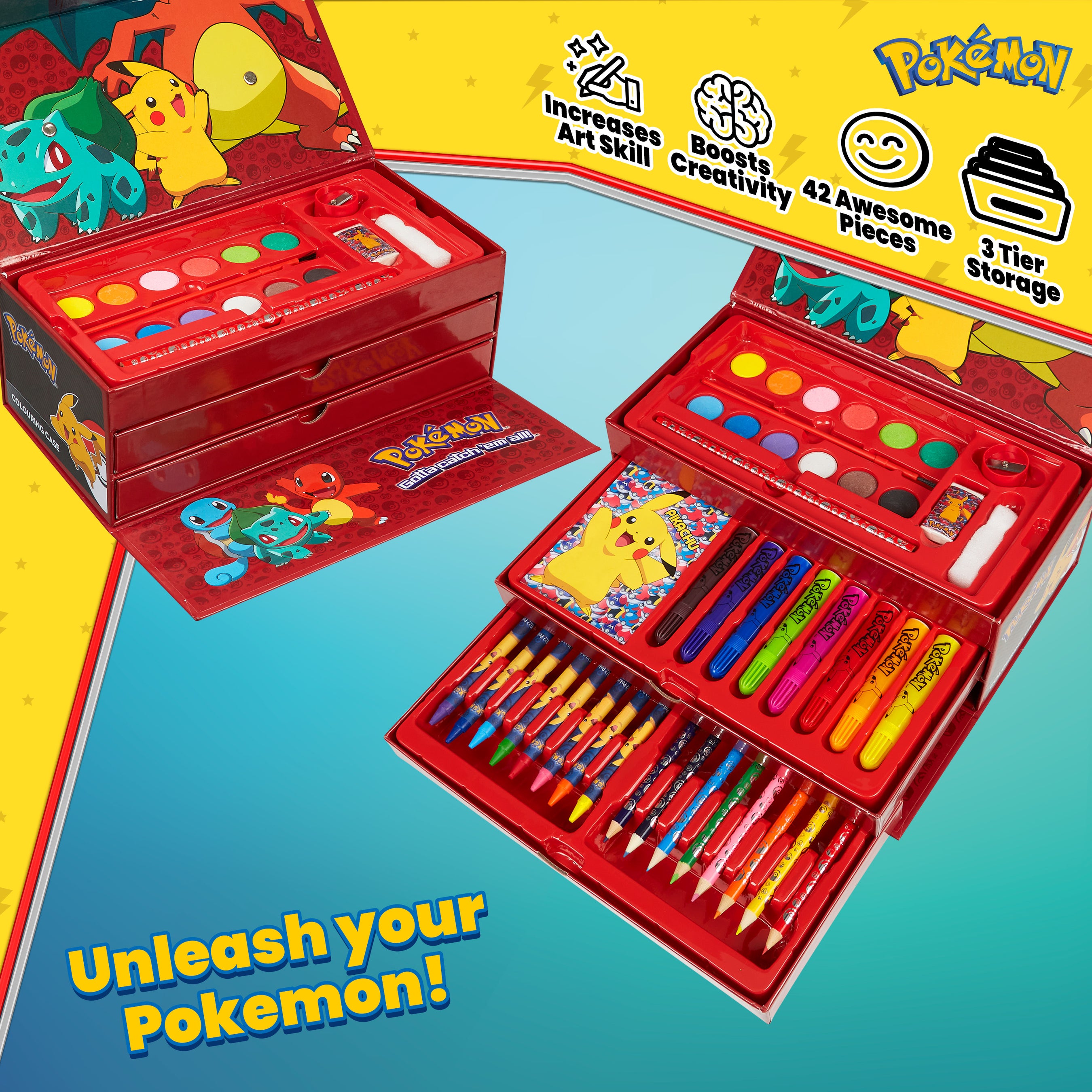 Pokemon Art Supplies Set, 40+ Pcs Kids Painting Drawing Colouring Trav ...