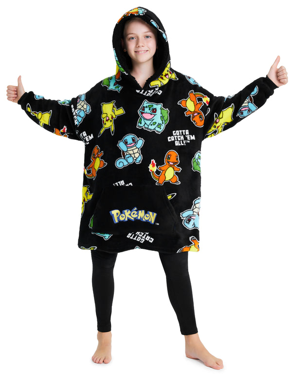 Pokemon Oversized Hoodie Blanket for Kids, Pikachu Gifts for Boys (Black AOP) - Get Trend